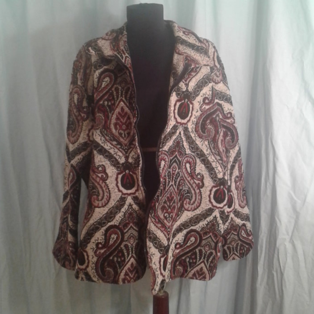 Coldwater Creek 2X Jacket Embellished Tapestry Zipper Beaded Paisley Black Red